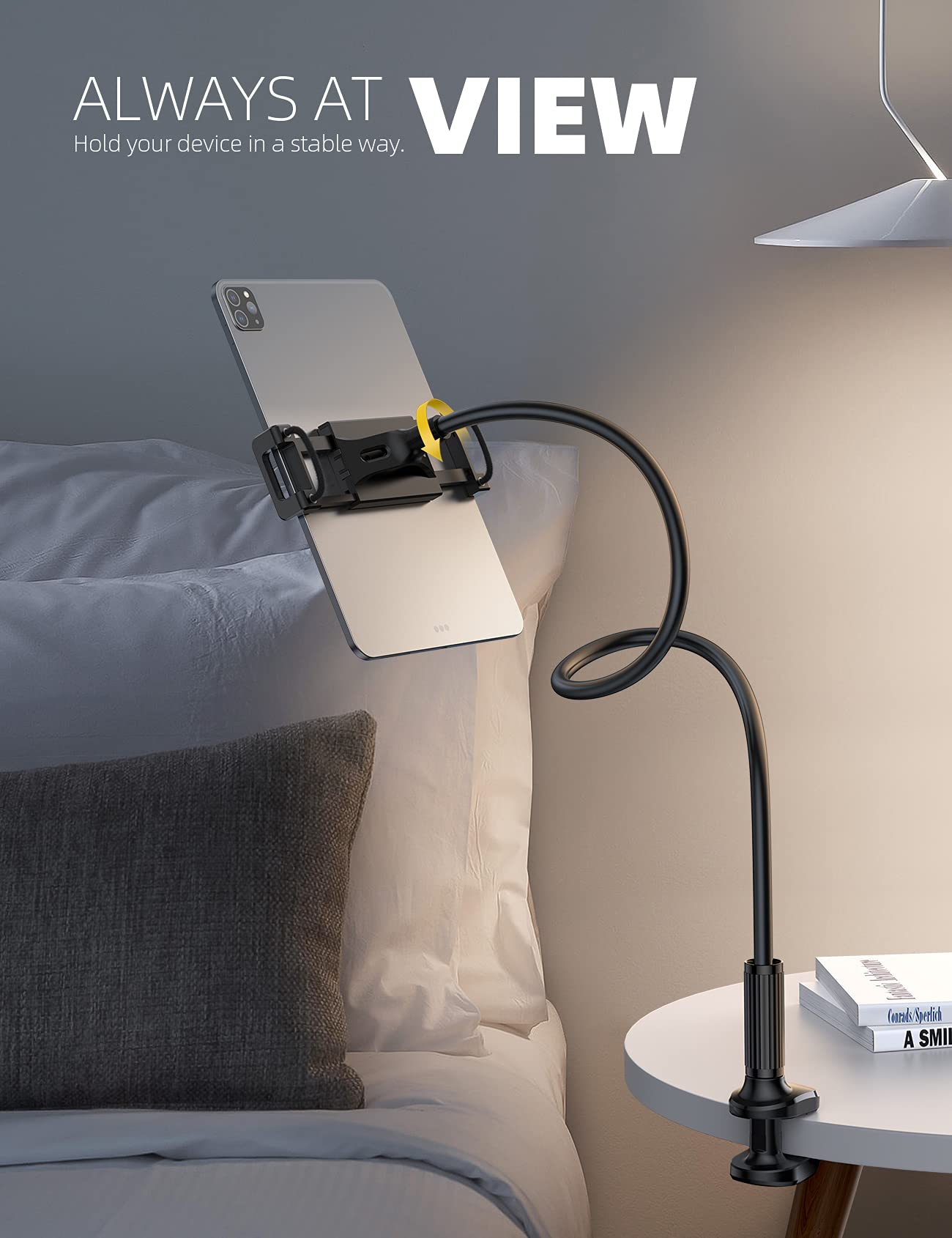 Lamicall Gooseneck Tablet Mount Holder for Bed   Flexible Tablet Arm Clamp for Bed Compatible with Pad Mini 7.9, Air 9.7, Pro 10.5, Kindle, Switch, Galaxy Tabs, More 4.7 11' Device   Black